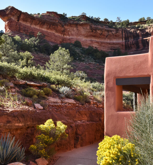 casita with yellow flowers and red rocks